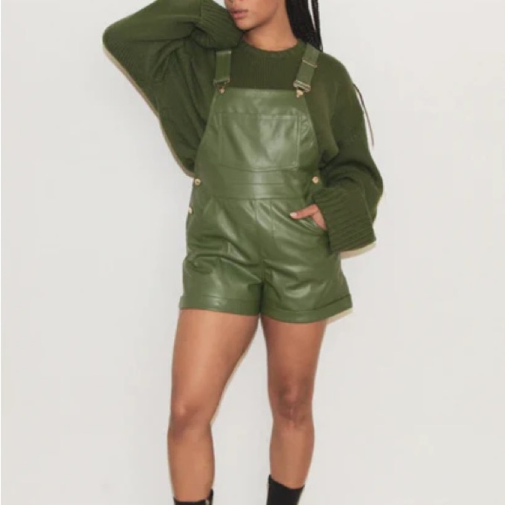 NWT WeWoreWhat Green Vegan Leather Short Overalls